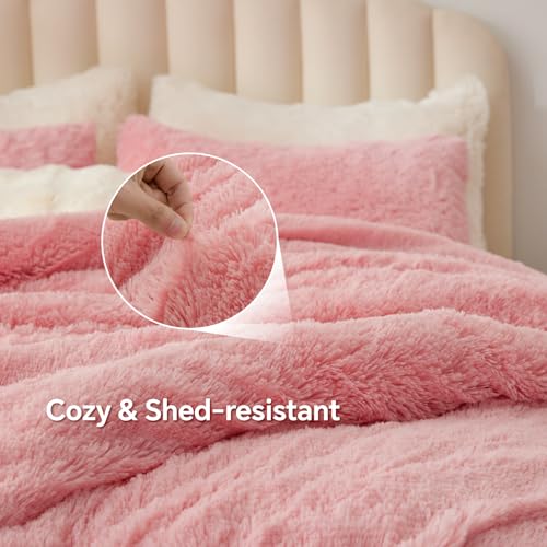 Image of BEDELITE Pink Fluffy Comforter Set Queen, Fuzzy Faux Fur Comforter | Warm Fleece Shaggy Bedding for Winter, Soft & Cozy Plush Bed Set with 2 Pillowcases
