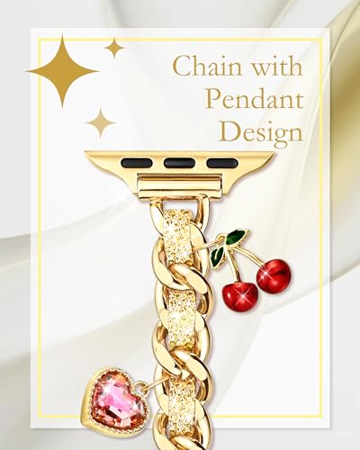 Image of Slim Gold Metal Band Compatible with Apple Watch Bands for Women 38mm 40mm 41mm 42mm 44mm 45mm 46mm, Dressy Designer Charm Bracelet Thin iWatch Bands for SE 3 2 1 Series 11 10 9 8 7 6 5 4 3 2