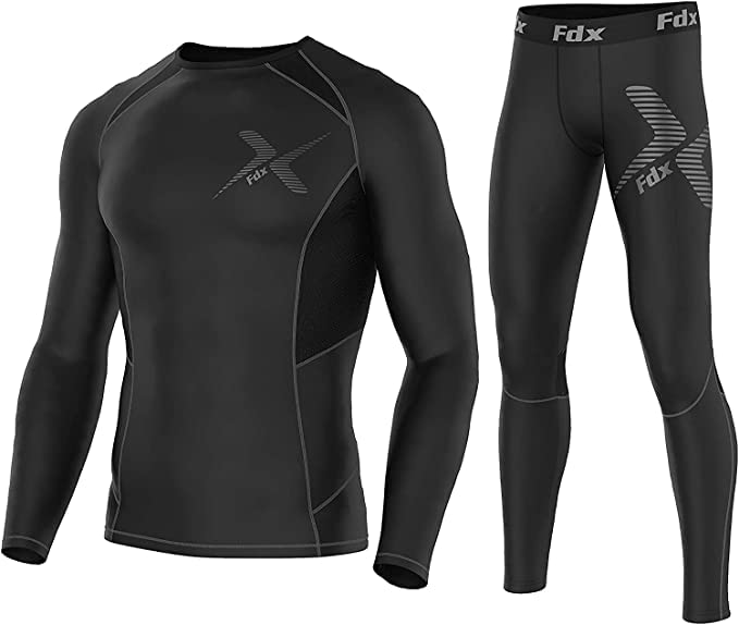 FDX Mens Compression Armour Base Layer Top Skin Fit Shirt, Leggings Set Thermolinx Set