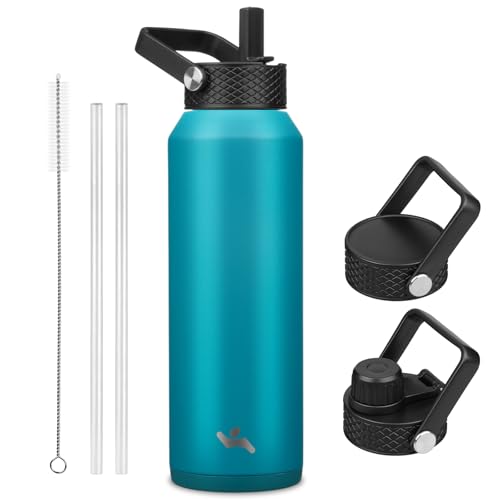 Image of Konokyo 40oz Insulated Stainless Steel Water Bottle with 3 Lids, Leakproof BPA-Free Bottle with Straw Lid, Sip Lid and Flex Cap for Gym, Travel, School, Office, Lake Blue
