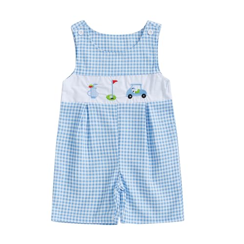 Image of niceclould Infant Baby Boys Jumpsuit Sleeveless Crew Neck Striped Embroidery Golf Cart Summer Romper Clothes for Casual Daily