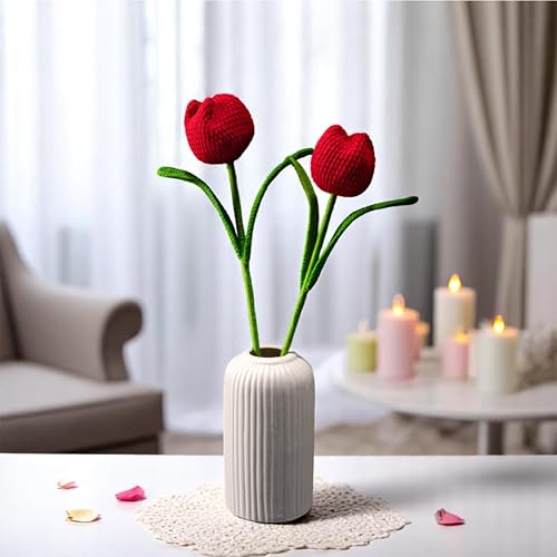 Image of Tulip Crochet Flowers | Handcrafted Artificial Faux Woolen Flower with Long Stem | Natural Looking Knitted Flower for Home, Living Room, Vase & Bouquet Decoration & Gifting | Red- 2 Pcs