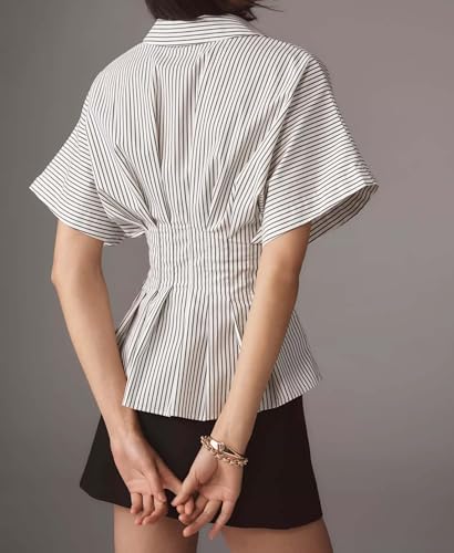 Women’s Striped Button Down Shirt Summer Pleated Short Sleeve Tops Collared Peplum Blouse Business Casual Outfits3