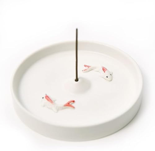 Pequeño soporte japonés de incienso hecho a mano, moderno quemador de incienso de cerámica de pescado para incienso de cono o palo, bandeja única