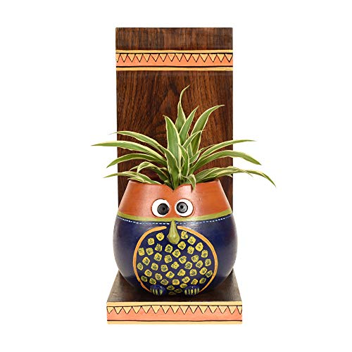 Image of AAKRITI ART CREATIONS Hooting Owl Wall Decor Shelf with Earthen Planter | Handmade Wooden Wall Hanging Shelf with Terracotta Planter | Matte Finish Wall Art for Living Room, Balcony & Gifting
