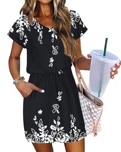 Image of AUSELILY Womens Summer Mini Dress, Short Sleeve V Neck Drawstring Casual | Soft smooth drape with an adjustable drawstring waist for beach, casual outings and daily wear