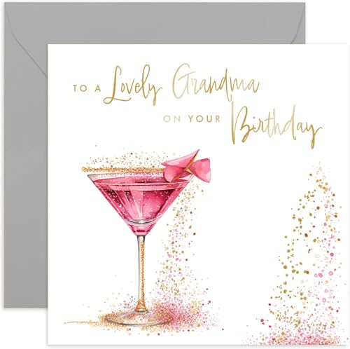 Old English Co. Lovely Grandma Birthday Card - Special Birthday Card for Her - Fabulous Pink Cocktail Gold Foil Glitter Design for Women - 50th, 60th, 70th, 80th - Cute Card for Her | Blank Inside