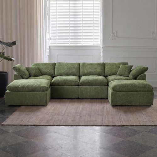 Image of Cloud Couch Sectional for Living Room, Modular U Shaped Boneless Sofa with Chaise, Compressed No Assembly Couch, Deep Seat Chenille Upholstered Convertible Sofa Bed(Forest Green)