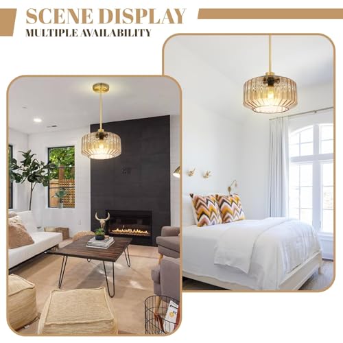 Image of Mid Century Modern Pendant Light Glass Hanging Ceiling Light Fixture Amber Kitchen Island Pendant Lighting Gold Chandelier Hanging Lamp for Living Room Dining Room Bedroom
