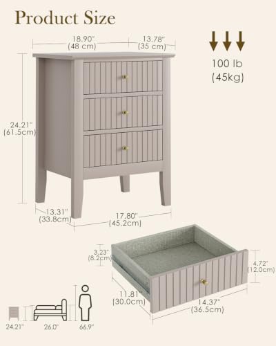 Image of Night Stand, Fluted Nightstand Bedside Tall Farmhouse Nightstand with 3 Drawers, Mid Century Modern Side Accent Table,Bedside End Table for Bedroom, Living Room, Khaki