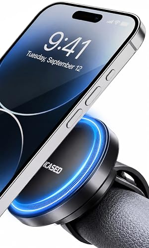 ENCASED Magnetic Phone Holder for Bikes & Gym Equipment (Compatible with MagSafe) iPhone Handlebar Mount Secure Adjustable Strap Ultra Strong Magnets for Peloton and Strollers (Black)