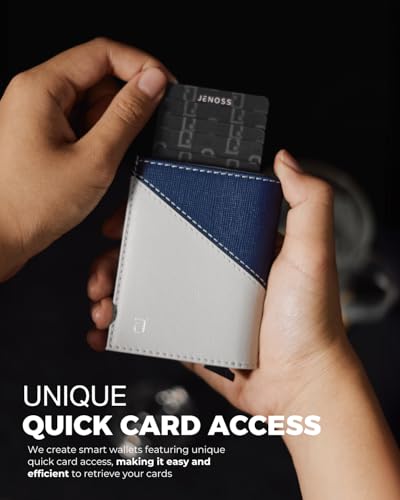 Jenoss Smart Wallet For Men: Full Grain Leather, Handcrafted, Slide Metal Pop Up Case, Slim RFID Blocking Credit Card Holder, Minimalist, Compact 12 Cards Slot Organizers, ID, Money Clip (Grey & Navy)3