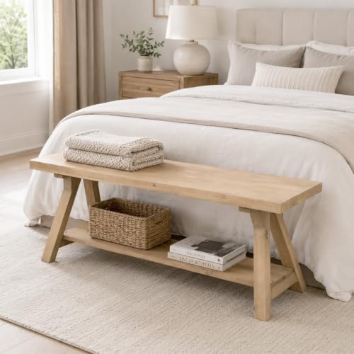Image of Solid Wood Entryway Bench 43'' Farmhouse with Bottom Storage Shelf