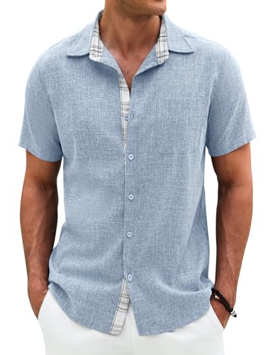 Lonya Men's Shirt Summer Casual Business Short Sleeve Button Down Tops Comfortable Hawaiian Holiday Beach Shirts with Pockets Blue Grey,M