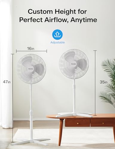 Image of PELONIS 16 inch Pedestal Fan for Bedroom, Oscillating Fan, 3-Speeds, 90 Oscillation, Adjustable Height, Floor Fan, Standing Fan for Living Room, Kitchen, and Home office, White