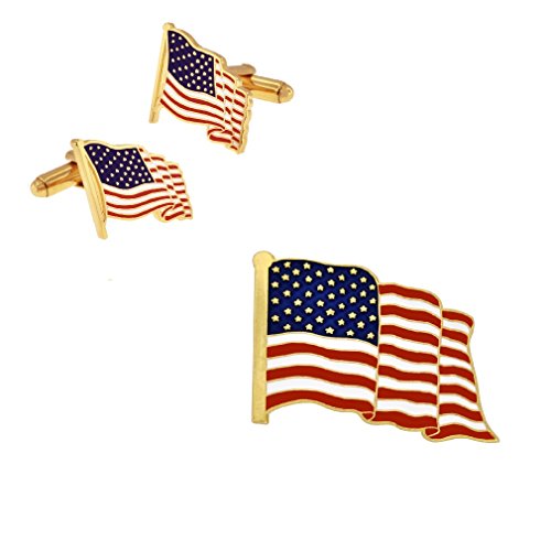 Image of PinMart's Gold Color Plated and Silver Made in the USA American Flag Enamel Lapel Pin, Cufflink & Tie Clip