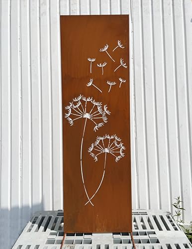 Edelrost Sichtschutz Pusteblumen-Motiv 165 cm x 50 cm Paravent zum Stecken Schild Gartenschild Gartenstecker Edelrost Gartendeko Wetterfest Rost Metall Zaun (Pusteblume 165x50cm)