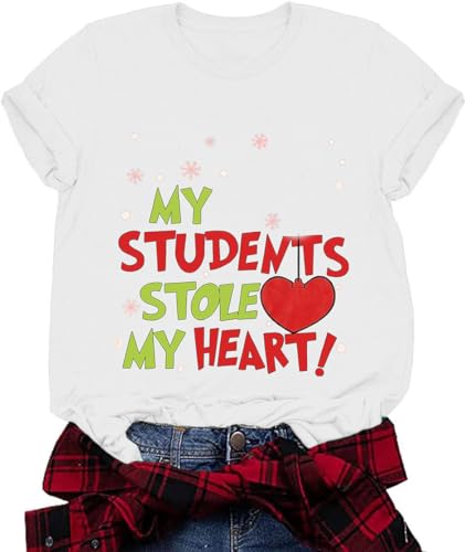 Christmas Teacher Shirt for Women My Students Stole My Heart Xmas Tshirt Short Sleeve Holiday Teacher Tee Tops, White, M