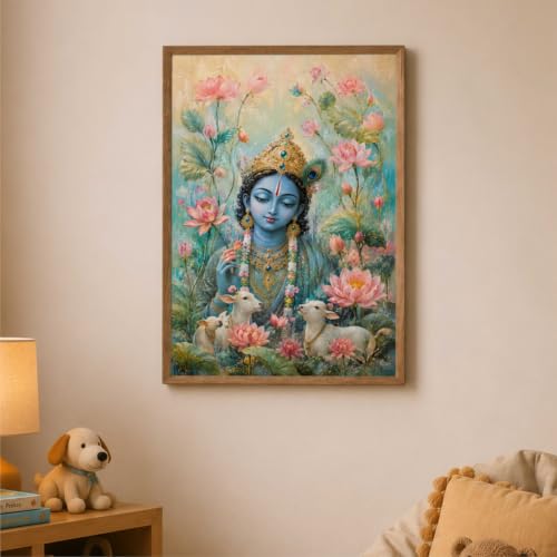 Image of Livin'luxe Lord Krishna Lotus Cow Wall Painting for Living Room Bedroom Kids Room Decor, Devotional Artwork with Sparkle Laminate and Premium Wooden Synthetic Frame (13.5 x 19.5 Inch) NM01-4115