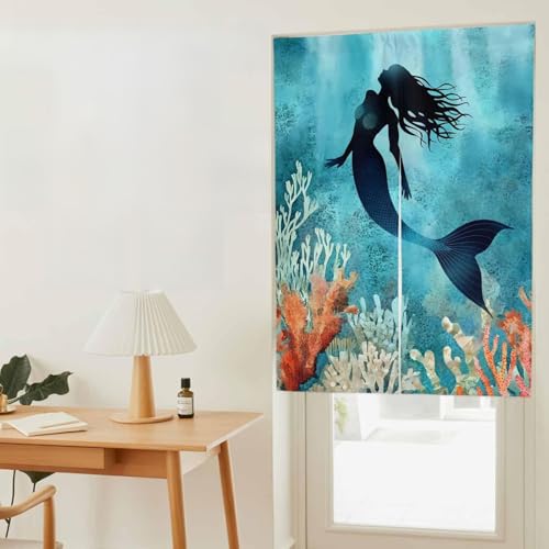 のれん 遮光 おしゃれ 暖簾カーテン 幅75x丈180cm 間仕切り 仕切り 目隠し 防寒 防音 厚手 和風 海底 水彩画 レトロ 人魚 サンゴ 玄関 キッチ リビング 出入り口 グッズ 寝室 春夏秋冬