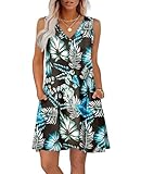 WIHOLL Summer Dresses for Women 2025 Loose V Neck Cute Dress Sun Dresses with Pockets Floral Palm Leaf S