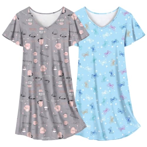 Image of Ekouaer 2 Pack Nightgowns for Women Short Sleeve Nightshirt Soft Sleepdress