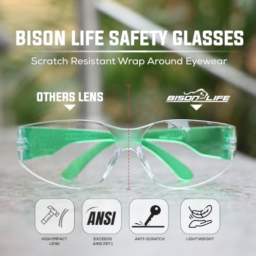 Image of BISON LIFE Clear Safety Glasses - ANSI Z87.1 Certified Scratch & Impact Resistant Eye Protection Goggles for Men & Women