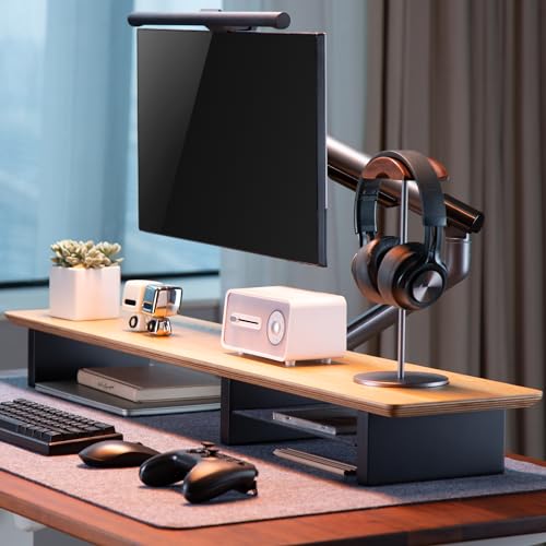 Image of White Oak Wood Desk Shelf for Top of Desk 44 Inch Length Wood Monitor Riser with Middle Shelf