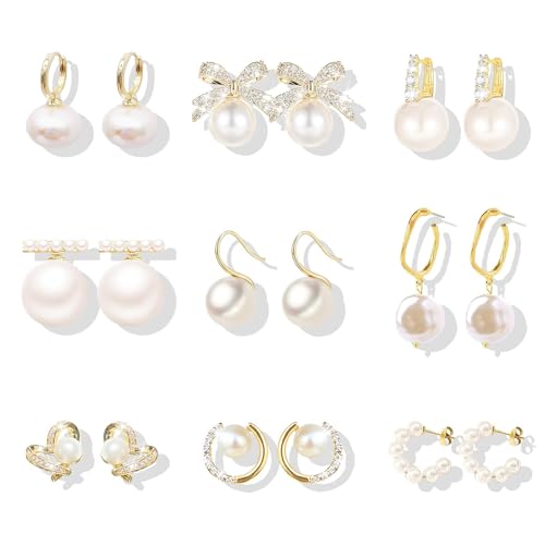 9 Pairs Gold Pearl Earrings Set for Women Bow Dangle Drop Hoop Earrings Dainty Stud Pearls Jewelry for Wedding Guest Dress Prom Party Costume Accessory Christmas Stocking Stuffers