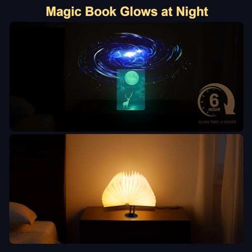 Image of QXMGCBOK Enchanted Book Lamp AI Voice Activated | Auto-Flip Magic Lighting for Fantasy Fans, Spell-Casting Decor in Home Office (Antique Brass) (Art Deco 2)