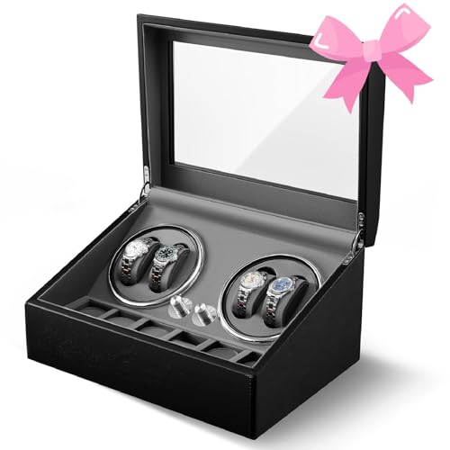 Watch Winder, Automatic Watch Winder Box with 4 Winder Rotators and 6 Storage Space, Watch Turner Watch Shaker with Super Quiet Mabuchi Motor LED Backlight for Men & Women
