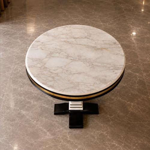 Image of RK Deck Wooden Round Dining Table Set of 4 | Luxury Marble-Effect Sunmica Top | Modern 4 Seater Dining Table with Velvet Upholstered Chairs | Sheesham Wood Legs | Dining Set for Dining Room