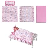 Rakki Dolli 18 Inch Baby Doll Bedding Set, 4-PC Doll Bedding Accessories Includes Blanket/Comforter,Pillow, Sheet, 18.7”*11.4”Mattress, Pink Bunny Print