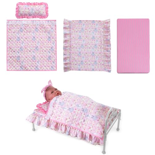 Rakki Dolli 18 Inch Baby Doll Bedding Set, 4-PC Doll Bedding Accessories Includes Blanket/Comforter,Pillow, Sheet, 18.7”*11.4”Mattress, Pink Bunny Print