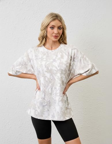 Image of MSBESYOR Camo Shirt for Women Maple Leaf Print Short Sleeve Crewneck T-Shirts Summer Oversized Tee Shirts Streetwear