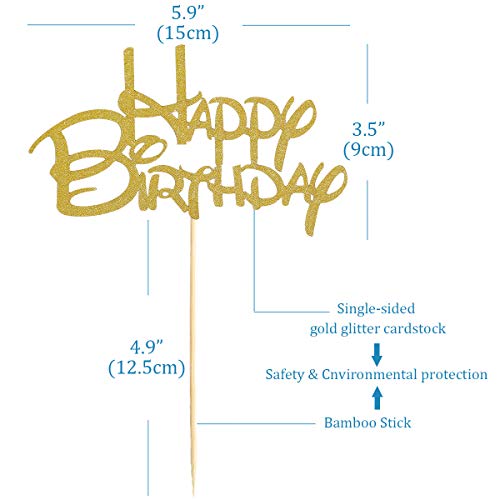 Gold Happy Birthday Cake Topper - Golden Glitter Birthday Party Cake Decoration Supplies, Cake Smash Decoration Photo Booth Props, Gold Paper Cake Topper Flags Sign #TOP2