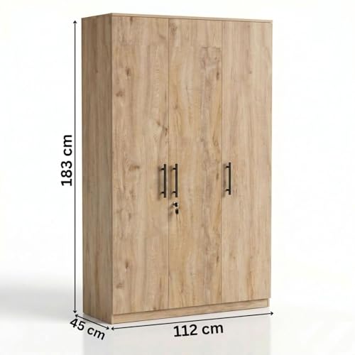Image of FFO Kavisto 3 Door Wardrobe Wooden for Bedroom with Shelves, Hanging Space & Lock, Wooden Clothes Organizer Almirah for Home, Office & Kids Room Milok DIY.