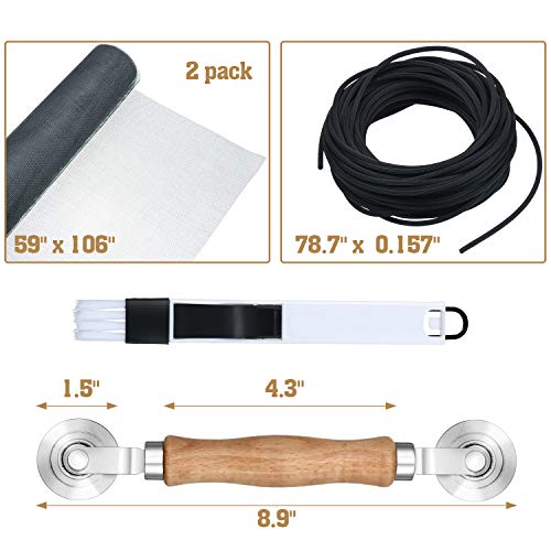 5 Pieces Window Screens Repair Kit, 2 Pieces 59 X 106 Inches Window Screens With Rolling Tool, Screen Retainer Spline, Window Groove Cleaning Brush For Windows Doors Patio Replacement #TOP1