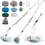 Electric Spin Scrubber, Cordless Cleaning Brush with Long Handle & 8 Brush Heads IPX7 Waterproof Bathroom Scrubber for Tub Grout Tile Floor, TBL03