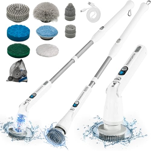Electric Spin Scrubber, Cordless Cleaning Brush with Long Handle & 8 Brush Heads IPX7 Waterproof Bathroom Scrubber for Tub Grout Tile Floor, TBL03 by TENWORTH - Used condition - US$26.72