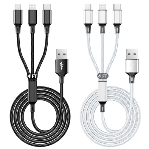 Lot de 2 câbles de charge multiples, 3 A 3 en 1, câble de charge rapide en nylon tressé de 1,25 m avec port micro USB de type C pour iPhone, Samsung, PS4, tablette, Xiaomi et plus encore (noir +