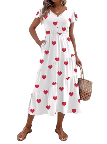 Image of Zeagoo Women's Summer Casual Dress Flutter Short Sleeve V Neck Button Down Tiered Flowy Long Dress with Pockets