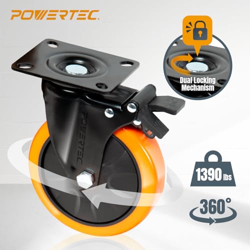 Image of POWERTEC 6 Inch Swivel Caster Wheels Set of 4 with Dual Locking Brake - 1390 lbs Loads Heavy Duty Industrial Grade - Ideal for Heavy Equipment, Automotive Workshop, Cart, Dolly and Workbench (17216)