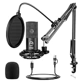 FIFINE Condensatore a Microfono studio kit, USB Microfono Computer con Braccio per Microfoni Regolabile e Filtro Anti-pop per Strumenti Voice Overs Registrazione Podcasting YouTube Gaming