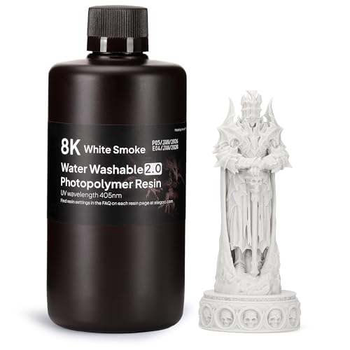 ELEGOO 8K Water Washable 3D Printer Resin 2.0, Fast Curing Photopolymer Resin for Mars Saturn Jupiter MSLA DLP LCD 3D Printing, 385-405nm UV Curing 3D Printing Liquid, White Smoke 1000g