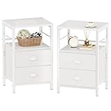 Furologee Nightstands Set of 2, End Table with 2 Fabric Drawers, Night Stand with 2 Hooks, Open Wood Shelf Bedside Table for Bedroom/Living Room/White