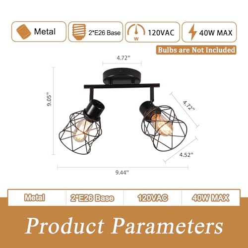 Image of 2 Lights Adjustable Multi-Directional Black Light Fixtures, Semi Flush Mount Ceiling Light, Kitchen Light Fixtures Ceiling Mount, Geometric Metal Cage Industrial Spotlight Fixtures for Dining Room
