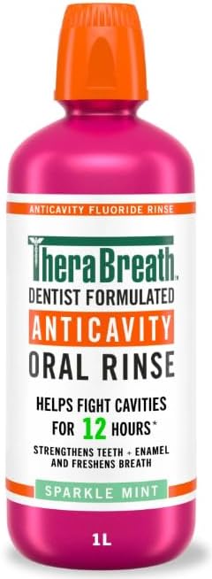 TheraBreath Anticavity Fluoride Mouthwash, Sparkle Mint, Dentist Formulated, 1 Liter (33.8 fl oz) + Travel Size, 3 fl oz
