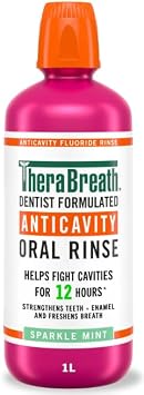 TheraBreath Anticavity Fluoride Mouthwash, Sparkle Mint, Dentist Formulated, 1 Liter (33.8 fl oz) + Travel Size, 3 fl oz