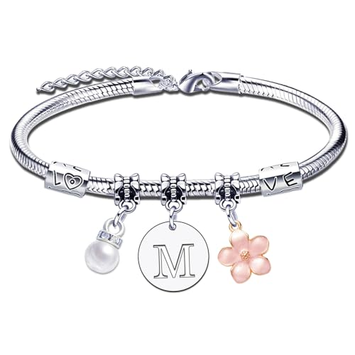 YJYJZX Pulsera de letras para regalo de mujer, niña, inicial, A-Z,regalos inspirados en Navidad, cumpleaños para mejores amigos, pulsera con letra inicial colgante para Mujer (M)
